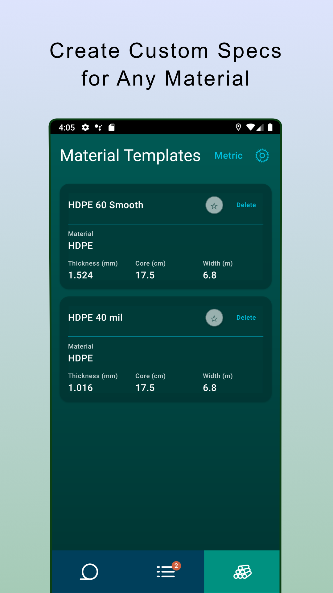Material templates screen